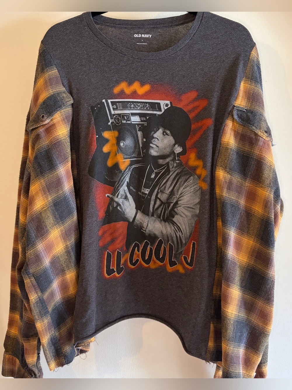 Grey LL Cool J Upcycled Yellow Plaid Sleeve Women’s XL Oversized Graphic Tee